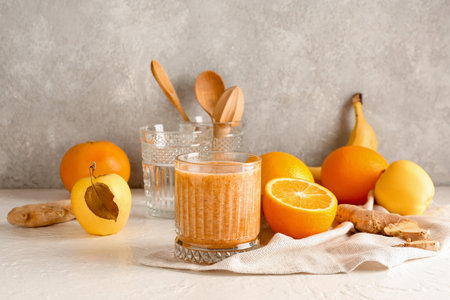 Glass of healthy smoothie and ingredients on tableの写真素材