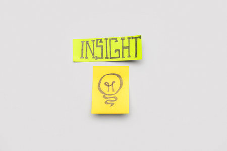 Sticky papers with word INSIGHT and drawn light bulb on light backgroundの写真素材