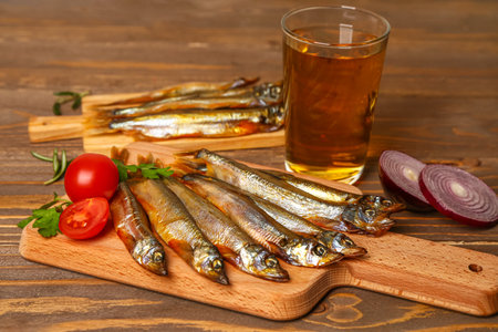 Boards with delicious smoked capelin and glass of beer on wooden backgroundの写真素材