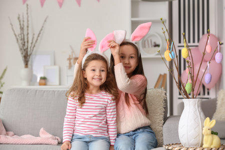 Little girls in bunny ears celebrating Easter at homeの写真素材