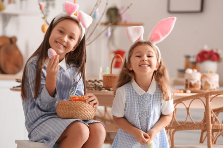 Cute little girls with Easter eggs in the kitchen