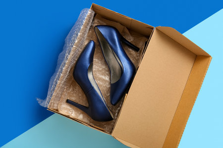 Cardboard box with high heeled shoes on blue backgroundの写真素材