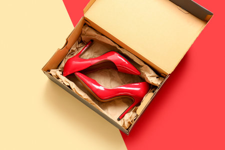 Cardboard box with high heeled shoes on color backgroundの写真素材