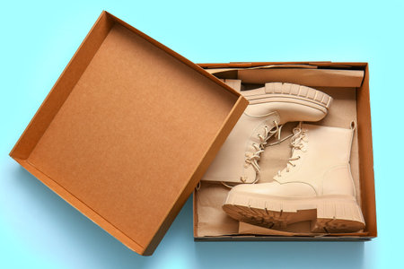 Cardboard box with stylish shoes on light blue background