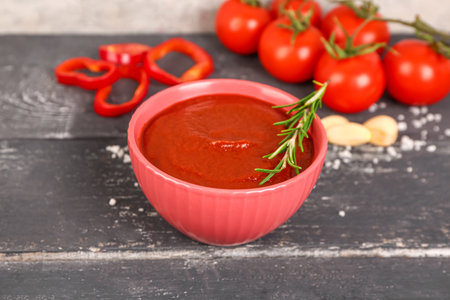 Bowl with tasty tomato paste on tableの写真素材