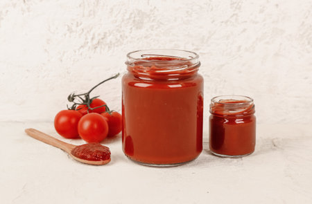 Jars with tasty tomato paste on light backgroundの写真素材