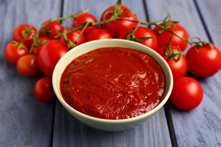 Bowl with tasty tomato paste on blue wooden background, closeupの写真素材