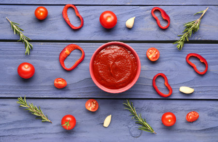 Composition with tasty tomato paste and fresh vegetables on blue wooden backgroundの写真素材