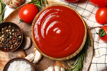 Bowl with tasty ketchup on table, closeupの写真素材