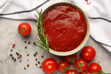 Bowl with tasty tomato paste on grunge backgroundの写真素材