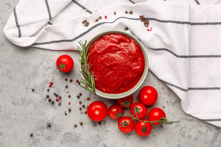 Bowl with tasty tomato paste and fresh vegetables on grunge background