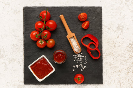 Slate board with tasty tomato paste and fresh vegetables on light backgroundの写真素材