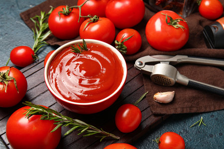 Bowl with tasty ketchup and fresh tomatoes on dark backgroundの写真素材