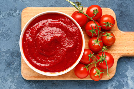 Wooden board with bowl of tasty tomato paste and fresh vegetables on blue grunge backgroundの写真素材