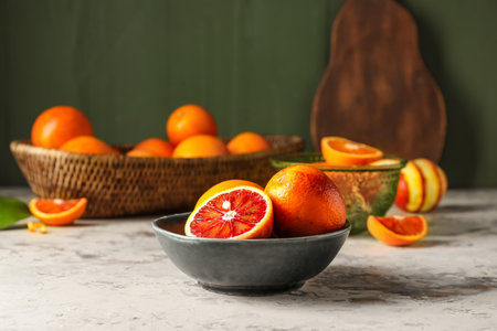 Bowl with tasty blood orange fruits on white grunge tableの写真素材