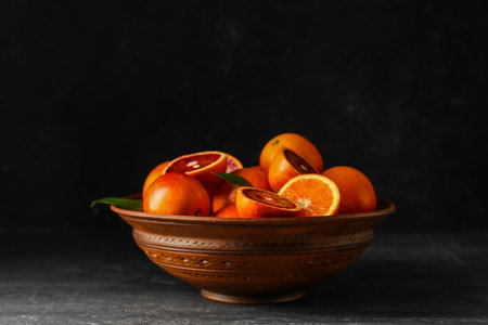 Bowl with delicious blood orange fruits on black grunge tableの写真素材