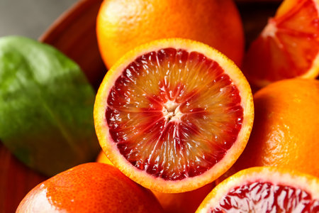 Half of juicy blood orange fruit in bowl, closeupの写真素材
