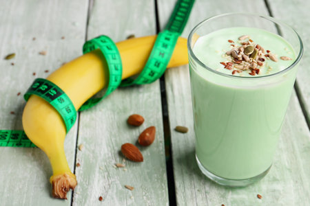 Banana, smoothie and green measuring tape on color wooden background. Diet conceptの写真素材