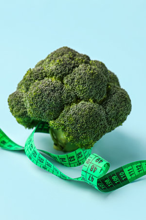 Broccoli and green measuring tape on blue background. Diet conceptの写真素材