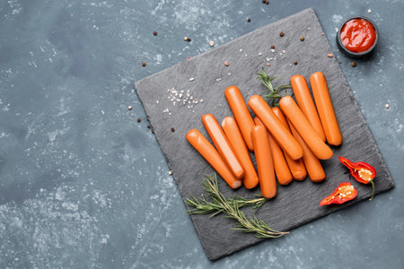 Slate board with tasty sausages on blue backgroundの写真素材