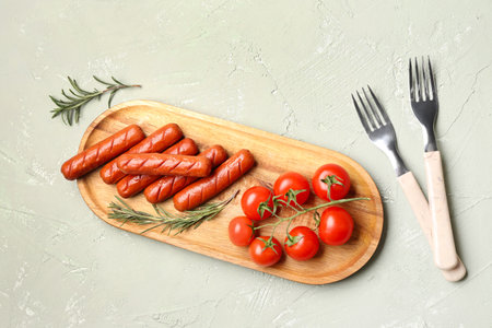 Wooden board with tasty grilled sausages and fresh tomatoes on light backgroundの写真素材