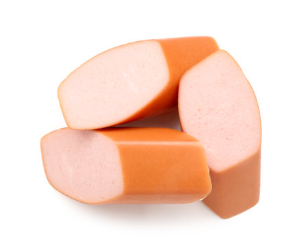 Pieces of tasty sausage isolated on white backgroundの写真素材