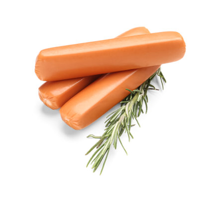 Tasty sausages with rosemary isolated on white backgroundの写真素材
