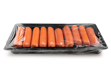 Packing box with tasty sausages on white backgroundの写真素材