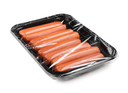 Packing box with tasty sausages on white backgroundの写真素材