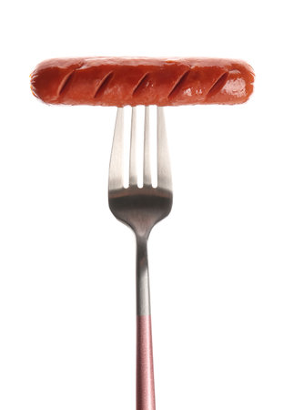 Fork with tasty grilled sausage isolated on white backgroundの写真素材