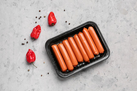 Packing box with tasty sausages on grunge backgroundの写真素材