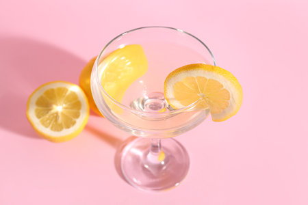 Glass of tasty martini and lemon on pink backgroundの写真素材