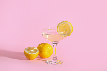 Glass of tasty martini and lemon on pink backgroundの写真素材