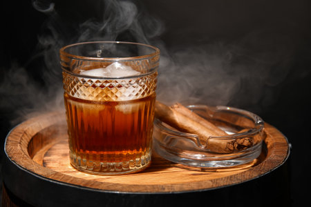 Glass of cold rum and ash tray with cigars on wooden barrel against dark backgroundの写真素材