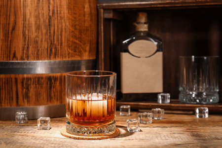 Glass of cold rum on tableの写真素材