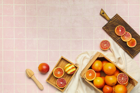 Boxes and board with tasty blood oranges on pink tile backgroundの写真素材