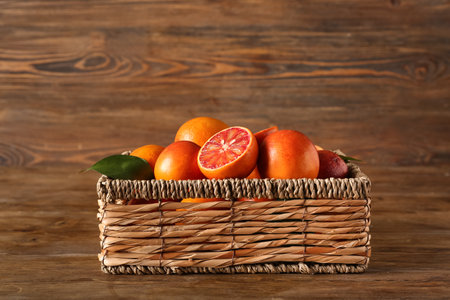 Wicker box with tasty blood oranges on wooden backgroundの写真素材