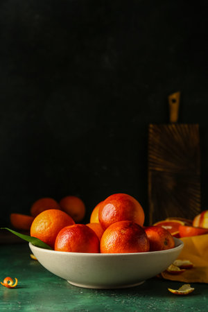 Bowl with tasty blood oranges on green tableの写真素材