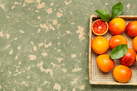Wicker box with tasty blood oranges on green grunge backgroundの写真素材