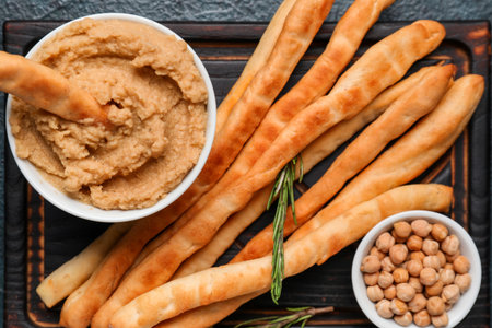 Wooden board with tasty Italian Grissini, hummus and chickpeas on dark background, closeupの写真素材