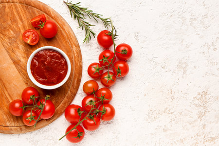 Bowl with tasty tomato paste and fresh vegetables on light backgroundの写真素材