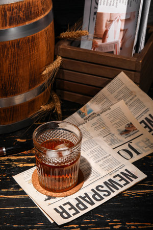 Glass of cold rum with newspaper on dark wooden backgroundの写真素材