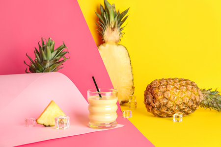 Glass of tasty pineapple smoothie, straw and ice cubes on colorful backgroundの写真素材
