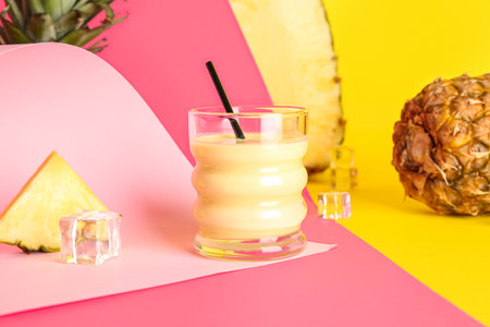 Glass of tasty pineapple smoothie, straw and ice cubes on colorful backgroundの写真素材