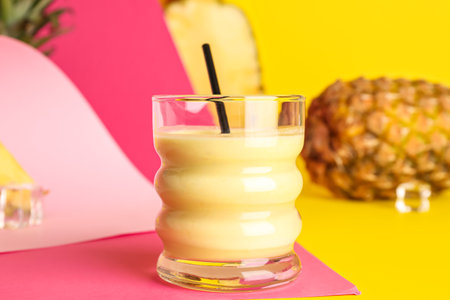 Glass of tasty pineapple smoothie, straw and ice cubes on colorful backgroundの写真素材
