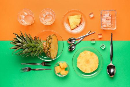 Composition with plates of cut pineapple on colorful backgroundの写真素材