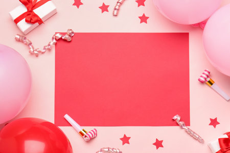 Frame made of different party decor with blank paper sheet on color backgroundの写真素材