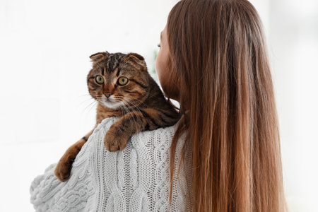 Young woman with striped Scottish fold cat at homeの写真素材