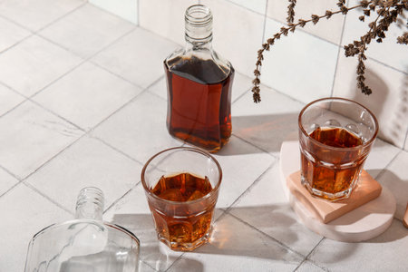 Bottle and glasses of cold rum on white tile background
