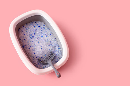 Litter box for cat on pink background, top viewの写真素材